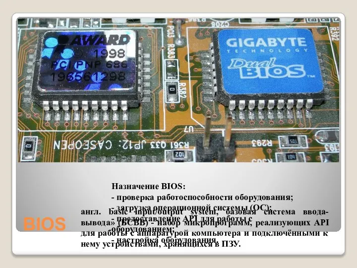 BIOS англ. basic input/output system, базовая система ввода-вывода» (БСВВ) - набор микропрограмм,