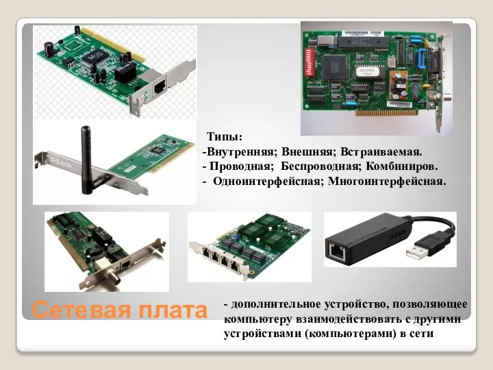 Сетевая плата - дополнительное устройство, позволяющее компьютеру взаимодействовать с другими устройствами (компьютерами)