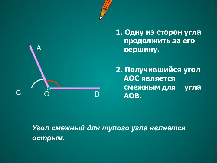 1. Одну из сторон угла продолжить за его вершину. 2. Получившийся угол