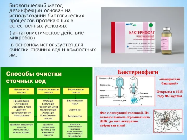 Биологический метод дезинфекции основан на использовании биологических процессов протекающих в естественных условиях