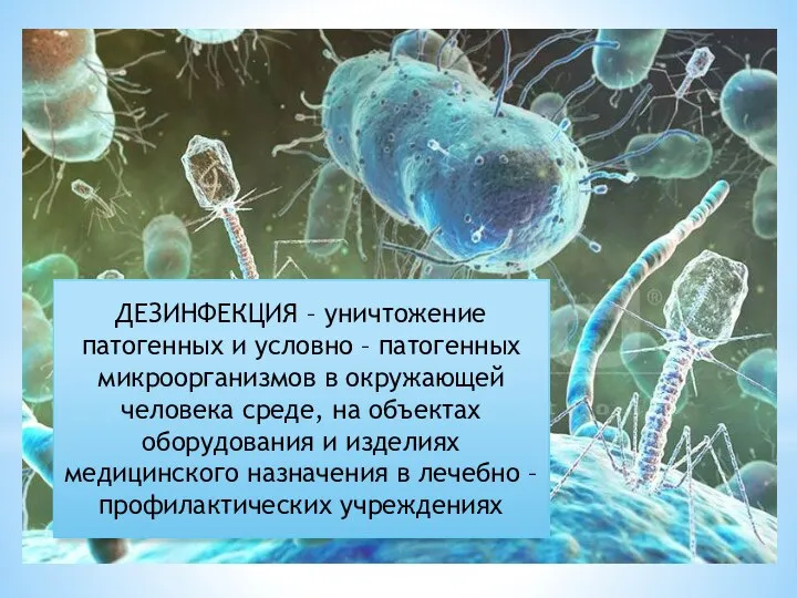 ДЕЗИНФЕКЦИЯ – уничтожение патогенных и условно – патогенных микроорганизмов в окружающей человека