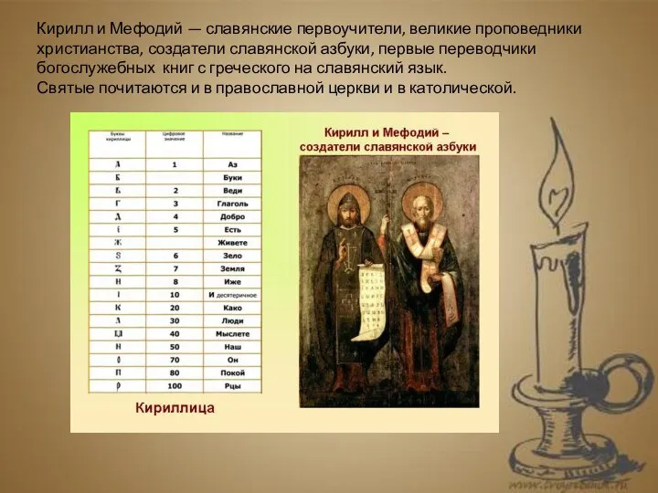 Кирилл и Мефодий — славянские первоучители, великие проповедники христианства, создатели славянской азбуки,