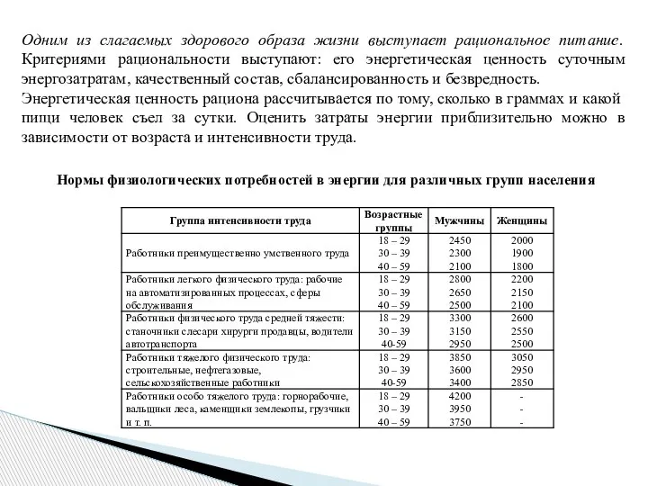 Одним из слагаемых здорового образа жизни выступает рациональное питание. Критериями рациональности выступают: