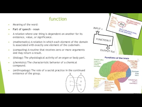 function Meaning of the word: Part of speech – noun A relation