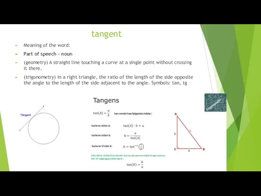tangent Meaning of the word: Part of speech – noun (geometry) A