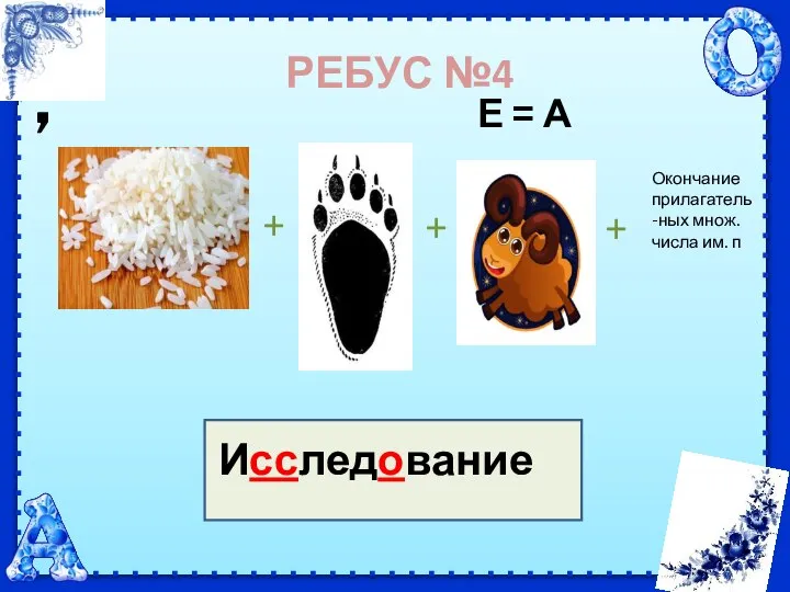 РЕБУС №4 , Е = А + + + Окончание прилагатель-ных множ.числа им. п Исследование