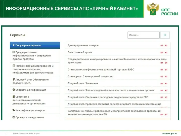 ИНФОРМАЦИОННЫЕ СЕРВИСЫ АПС «ЛИЧНЫЙ КАБИНЕТ» НАЗВАНИЕ ПРЕЗЕНТАЦИИ