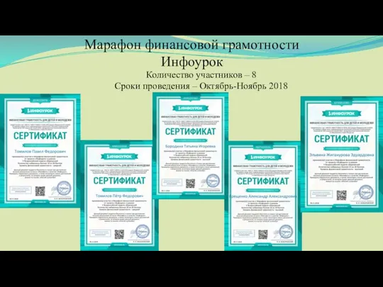 Марафон финансовой грамотности Инфоурок Количество участников – 8 Сроки проведения – Октябрь-Ноябрь 2018