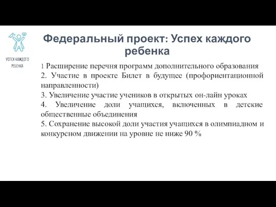 Федеральный проект: Успех каждого ребенка 1 Расширение перечня программ дополнительного образования 2.