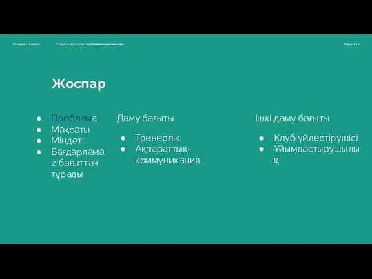 Проблема Мақсаты Міндеті Бағдарлама 2 бағыттан тұрады Даму бағыты Тренерлік Ақпараттық-коммуникация Ішкі