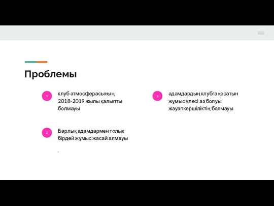 Проблемы 1 клуб атмосферасының 2018-2019 жылы қалыпты болмауы 2 Барлық адамдармен толық