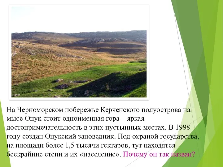 На Черноморском побережье Керченского полуострова на мысе Опук стоит одноименная гора –