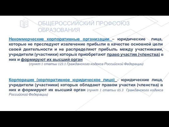 ОБЩЕРОССИЙСКИЙ ПРОФСОЮЗ ОБРАЗОВАНИЯ Некоммерческие корпоративные организации – юридические лица, которые не преследуют