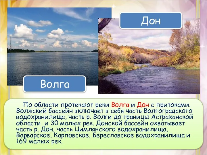 По области протекают реки Волга и Дон с притоками. Волжский бассейн включает