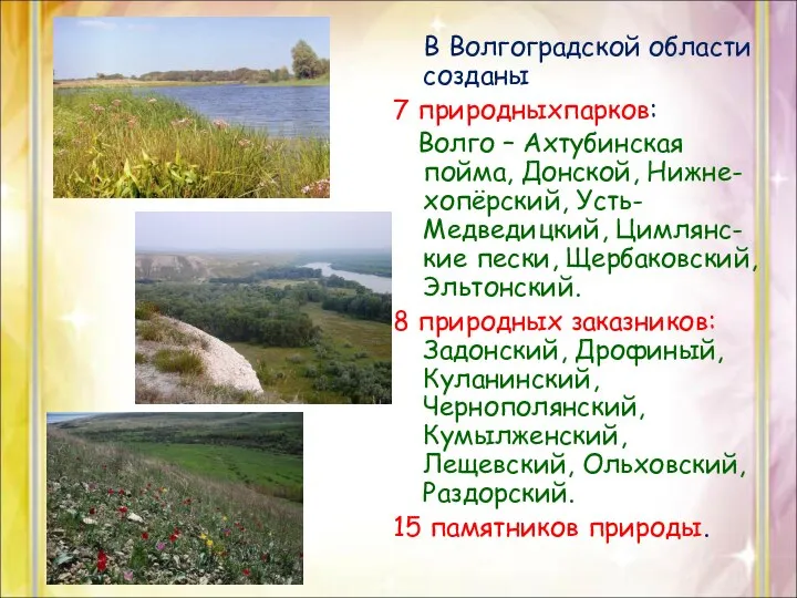 В Волгоградской области созданы 7 природныхпарков: Волго – Ахтубинская пойма, Донской, Нижне-хопёрский,