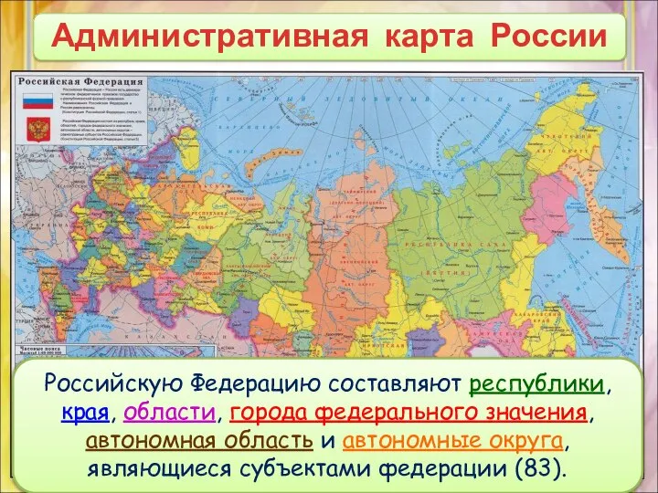 Российскую Федерацию составляют республики, края, области, города федерального значения, автономная область и