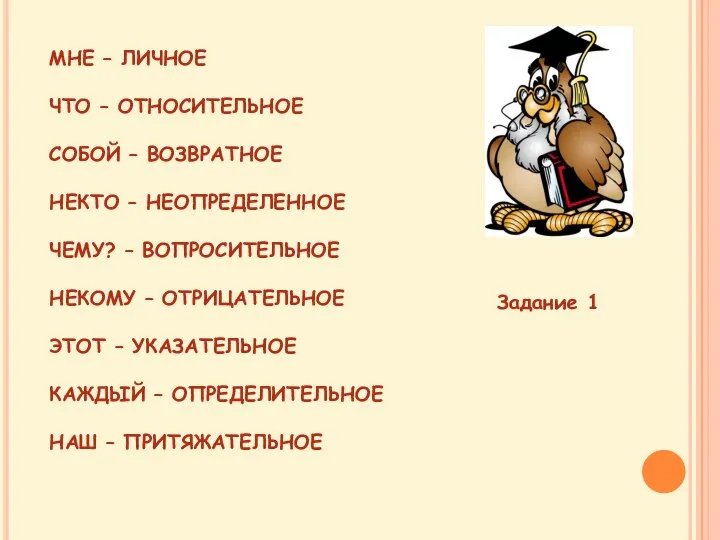 МНЕ – ЛИЧНОЕ ЧТО – ОТНОСИТЕЛЬНОЕ СОБОЙ – ВОЗВРАТНОЕ НЕКТО – НЕОПРЕДЕЛЕННОЕ