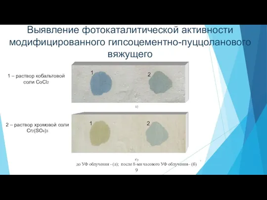 Выявление фотокаталитической активности модифицированного гипсоцементно-пуццоланового вяжущего до УФ облучения - (а); после