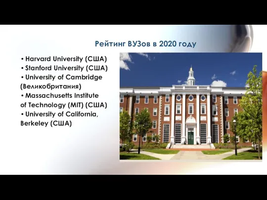 Рейтинг ВУЗов в 2020 году Harvard University (США) Stanford University (США) University