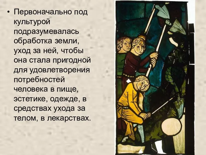 Первоначально под культурой подразумевалась обработка земли, уход за ней, чтобы она стала