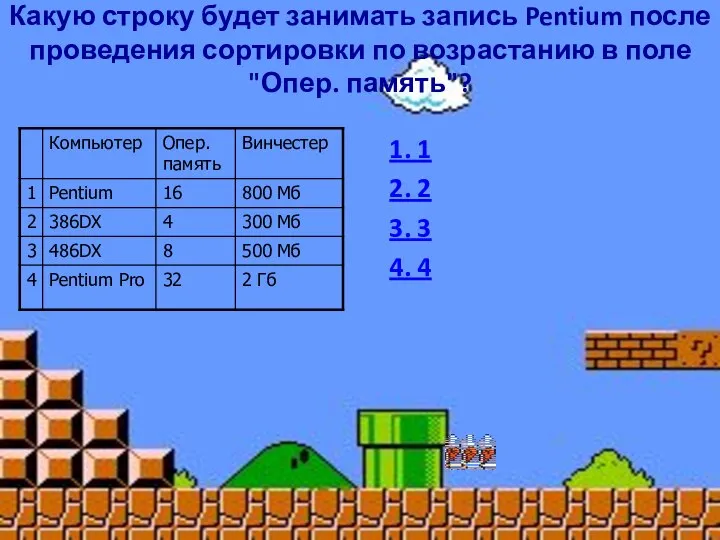 Какую строку будет занимать запись Pentium после проведения сортировки по возрастанию в