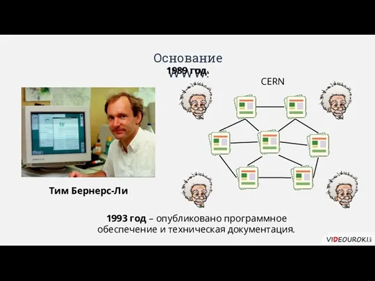 Основание WWW: 1989 год. Тим Бернерс-Ли CERN 1993 год – опубликовано программное обеспечение и техническая документация.