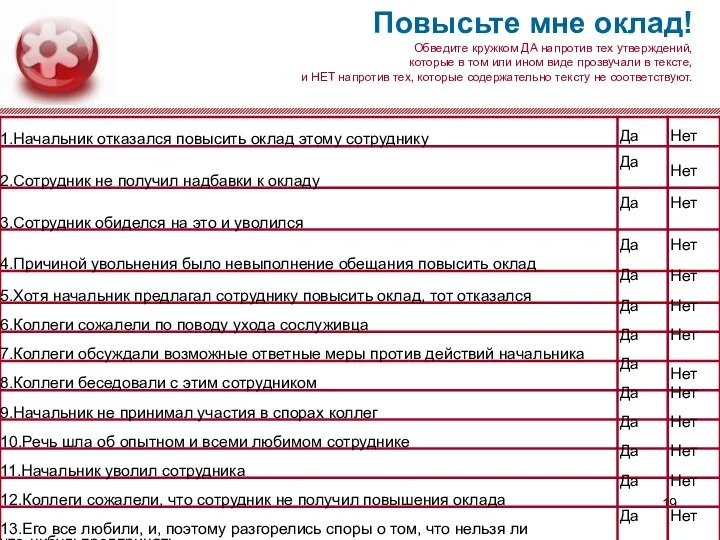 Повысьте мне оклад! Обведите кружком ДА напротив тех утверждений, которые в том