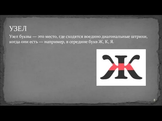 УЗЕЛ Узел буквы — это место, где сходятся воедино диагональные штрихи, когда