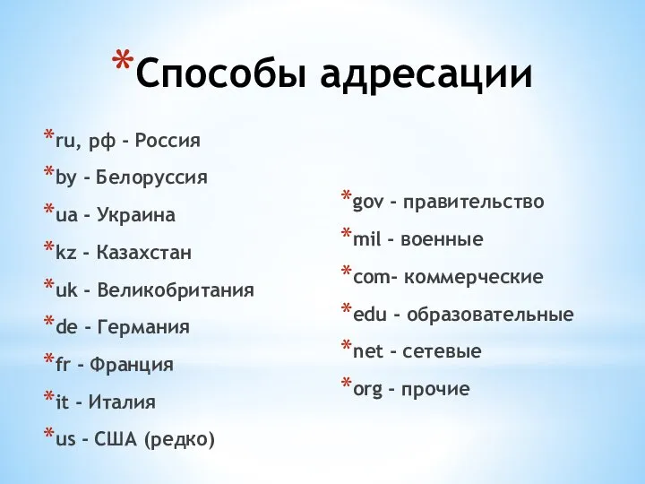 Способы адресации ru, рф - Россия by - Белоруссия ua - Украина