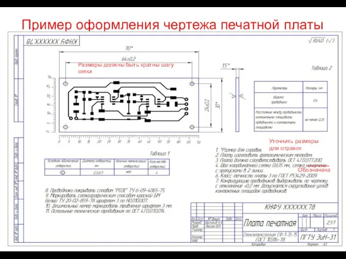 Пример оформления чертежа печатной платы Уточнить размеры для справок Обозначена Размеры должны быть кратны шагу сетки