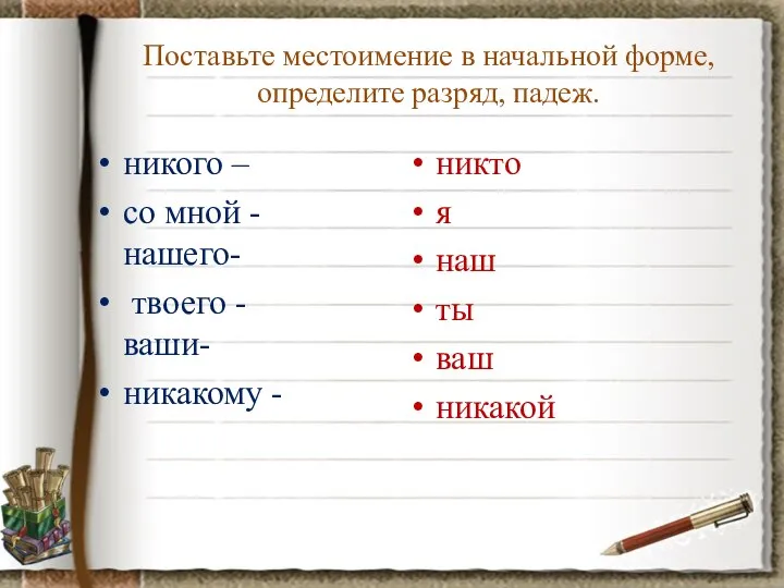 Поставьте местоимение в начальной форме, определите разряд, падеж. никого – со мной