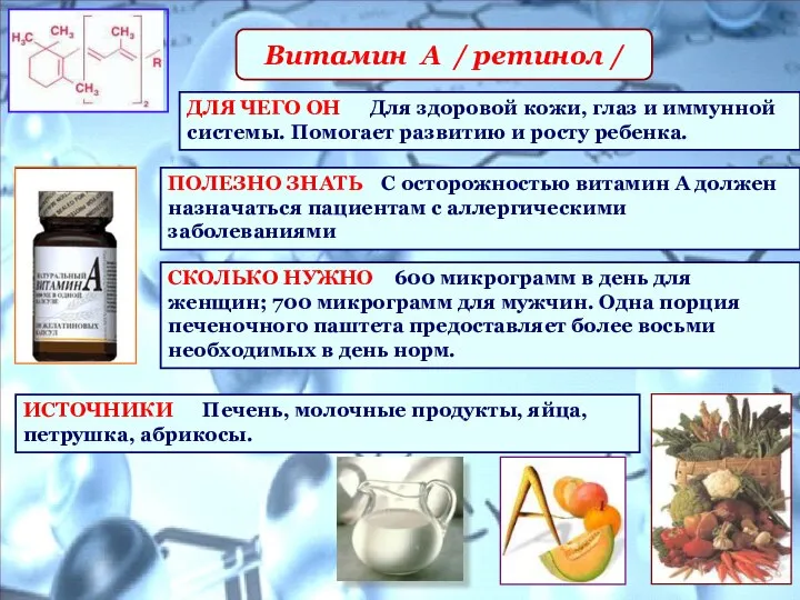 Витамин А / ретинол / ИСТОЧНИКИ Печень, молочные продукты, яйца, петрушка, абрикосы.