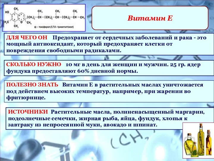 Витамин Е ДЛЯ ЧЕГО ОН Предохраняет от сердечных заболеваний и рака -