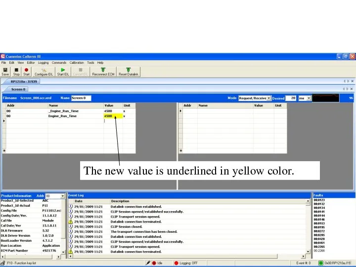 The new value is underlined in yellow color.