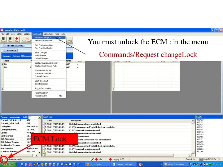 You must unlock the ECM : in the menu Commands/Request changeLock ECM Lock