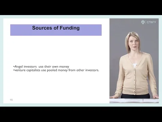 Sources of Funding Angel investors use their own money venture capitalists use