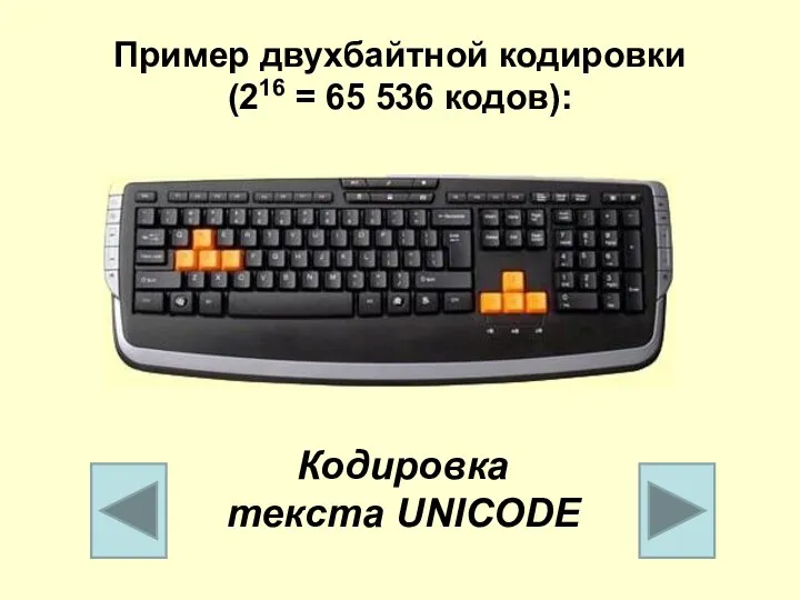 Пример двухбайтной кодировки (216 = 65 536 кодов): Кодировка текста UNICODE
