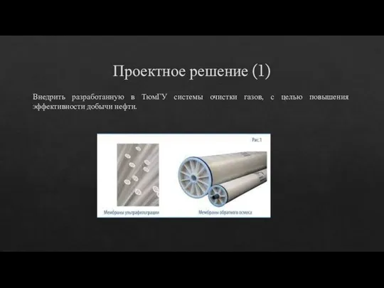 Проектное решение (1) Внедрить разработанную в ТюмГУ системы очистки газов, с целью повышения эффективности добычи нефти.