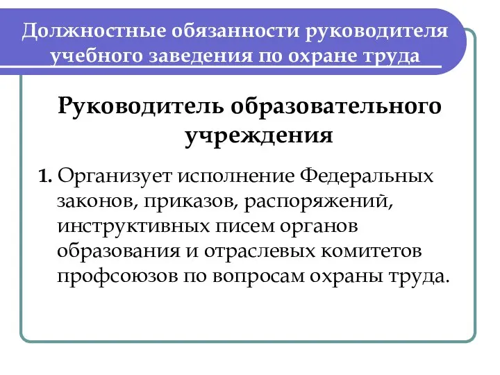 Должностные обязанности руководителя учебного заведения по охране труда Руководитель образовательного учреждения 1.