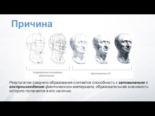 Причина Результатом среднего образования считается способность к запоминанию и воспроизведению фактического материала,