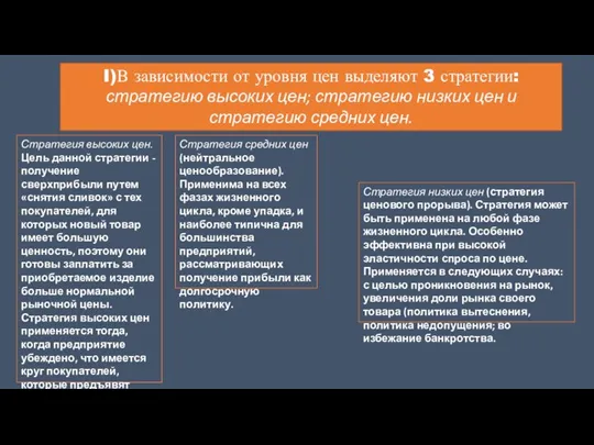 I)В зависимости от уровня цен выделяют 3 стратегии: стратегию высоких цен; стратегию