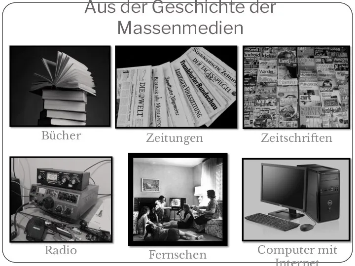 Zeitungen Aus der Geschichte der Massenmedien Bücher Zeitschriften Computer mit Internet Radio Fernsehen