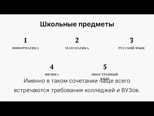 Школьные предметы Именно в таком сочетании чаще всего встречаются требования колледжей и ВУЗов.