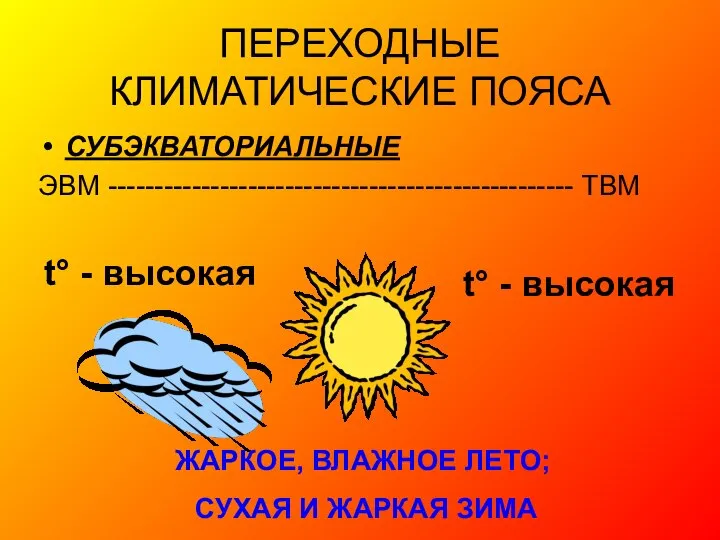 ПЕРЕХОДНЫЕ КЛИМАТИЧЕСКИЕ ПОЯСА СУБЭКВАТОРИАЛЬНЫЕ ЭВМ -------------------------------------------------- ТВМ t° - высокая t° -