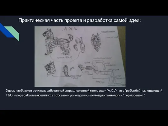 Здесь изображен эскиз разработанной и предложенной мною идеи “A.X.L”- это “робопёс”, поглощающий