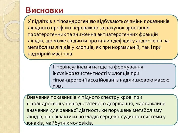 Висновки У підлітків з гіпоандрогенією відбуваються зміни показників ліпідного профілю переважно за