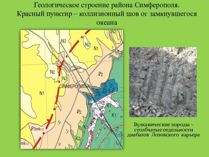 Геологическое строение района Симферополя. Красный пунктир – коллизионный шов от замкнувшегося океана