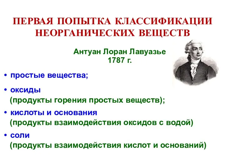 ПЕРВАЯ ПОПЫТКА КЛАССИФИКАЦИИ НЕОРГАНИЧЕСКИХ ВЕЩЕСТВ простые вещества; оксиды (продукты горения простых веществ);