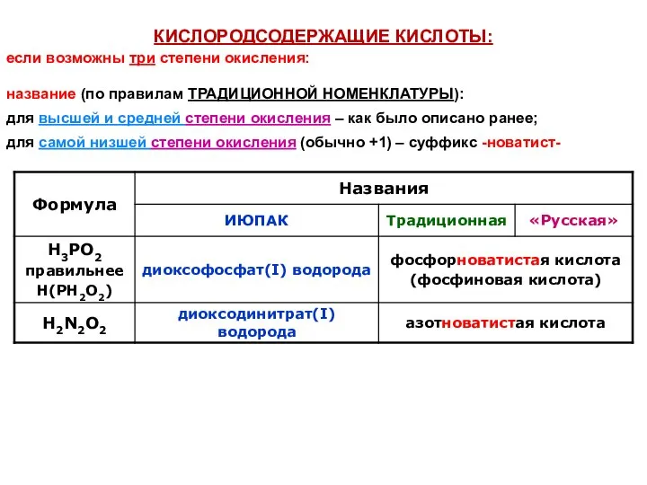 КИСЛОРОДСОДЕРЖАЩИЕ КИСЛОТЫ: название (по правилам ТРАДИЦИОННОЙ НОМЕНКЛАТУРЫ): для высшей и средней степени