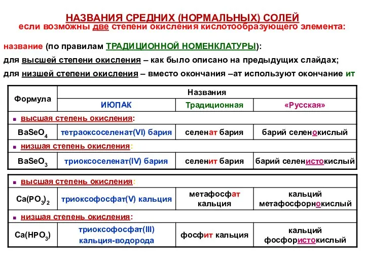 НАЗВАНИЯ СРЕДНИХ (НОРМАЛЬНЫХ) СОЛЕЙ если возможны две степени окисления кислотообразующего элемента: название